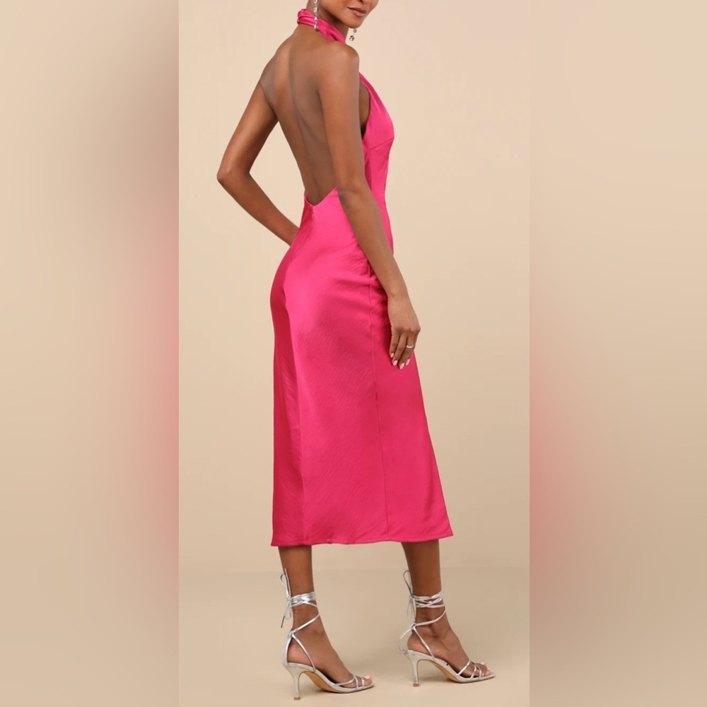 Lulus NWT Women’s “Beyond Classy” Hot Pink Satin Halter Midi Dress. Size Medium. - Picture 8 of 16